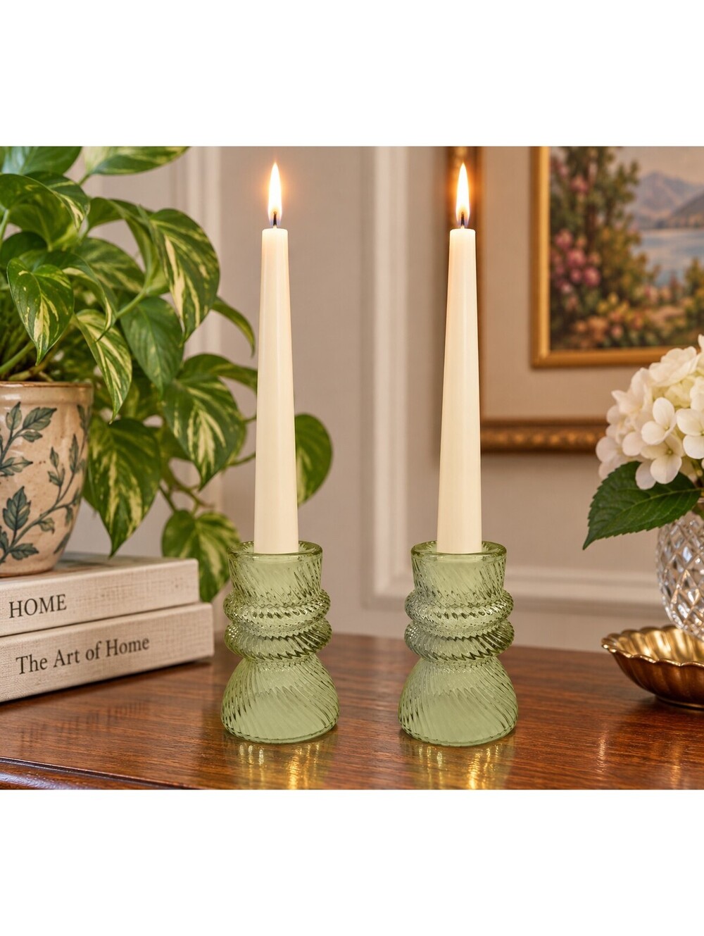 Vintage Green Glass Reversible Candle Holders Pair Spiral Ribbed 3"